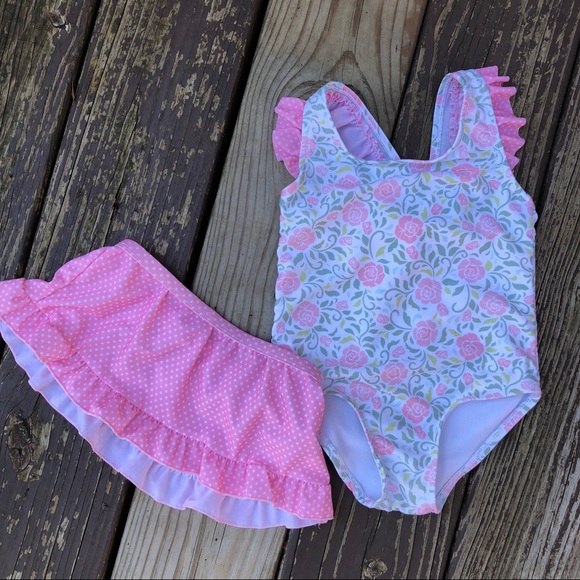 Pink Floral, Ruffle Swim Suit + Matching Skirt - Picture 2 of 5
